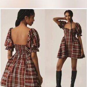 Anthropologie Maeve Puff Sleeve Maroon Tartan Mini Dress